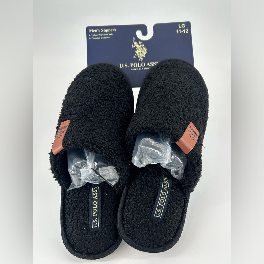 US Polo Association Black Fuzzy Slide Slippers Size 11 12 NEW with Tags